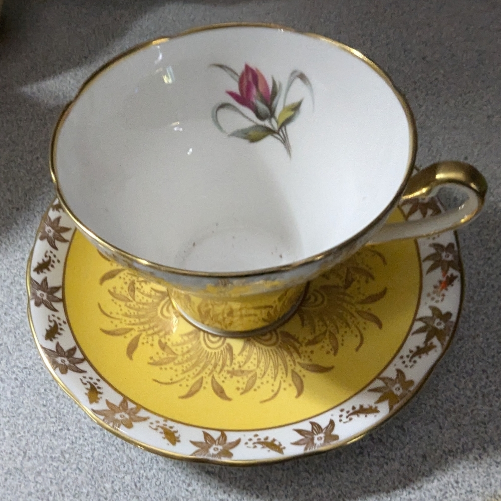 Yellow Royal Stafford cup saucer pink rosebud